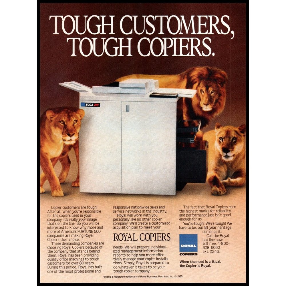 1985 Royal Copiers Xerox Machine Vintage Print Ad Lions Lion Tribe Wall Art
